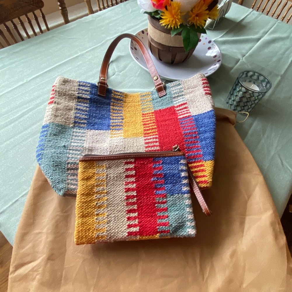 Patricia Nash woven tote and wristlet set with dust bag for storage